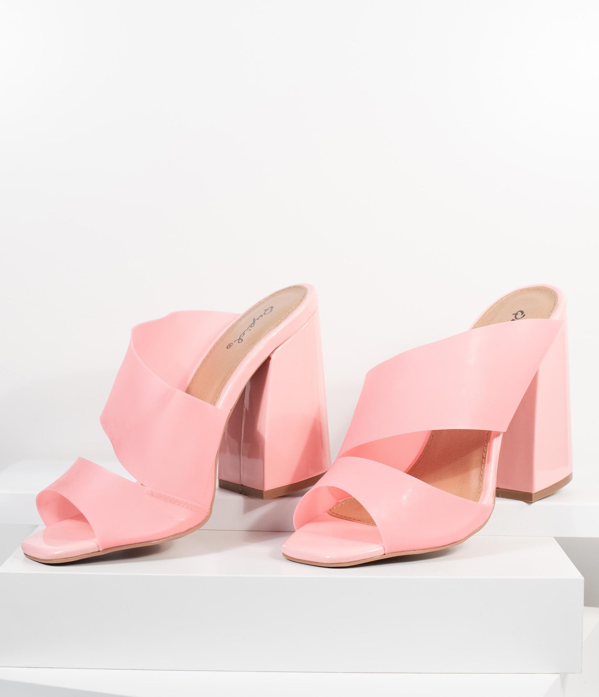 Frosted Pink Vinyl Peep Toe Mule Heels - Unique Vintage - Womens, SHOES, HEELS