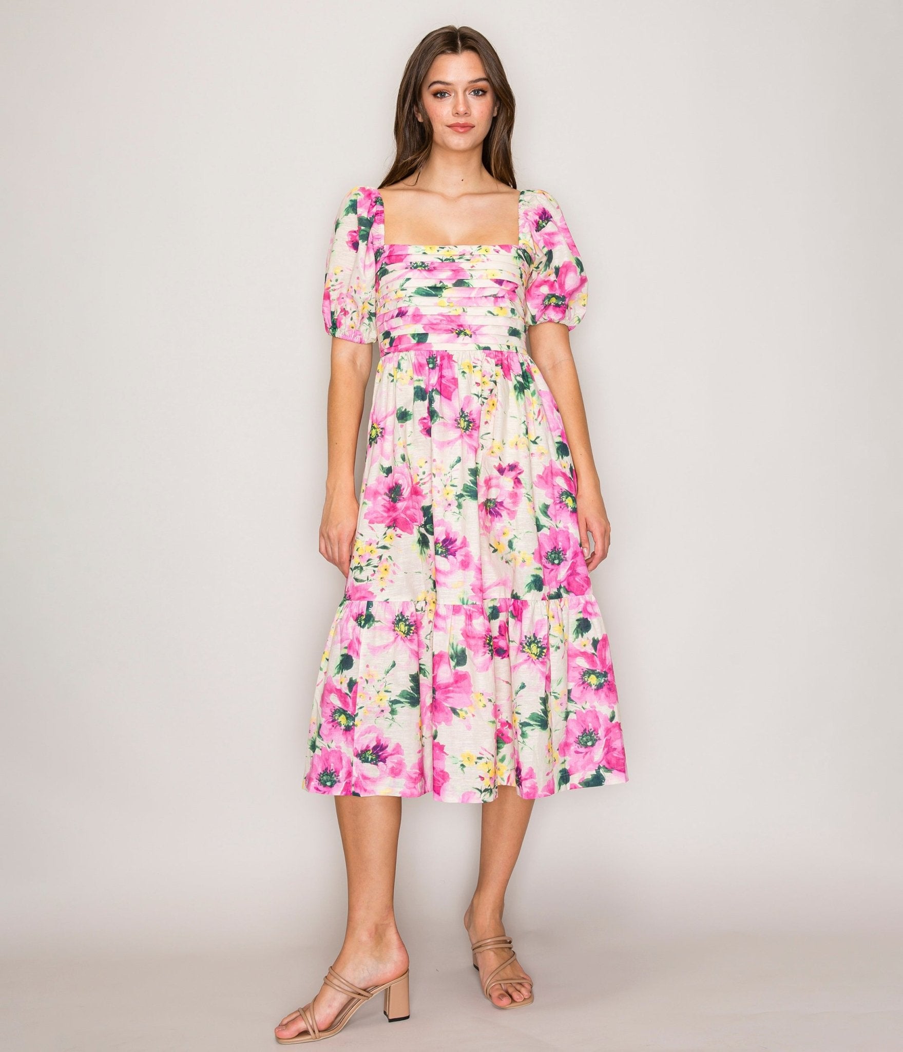 sleeves midi dresses for women Fuchsia Floral Puff Sleeve Midi Dress – Unique Vintage