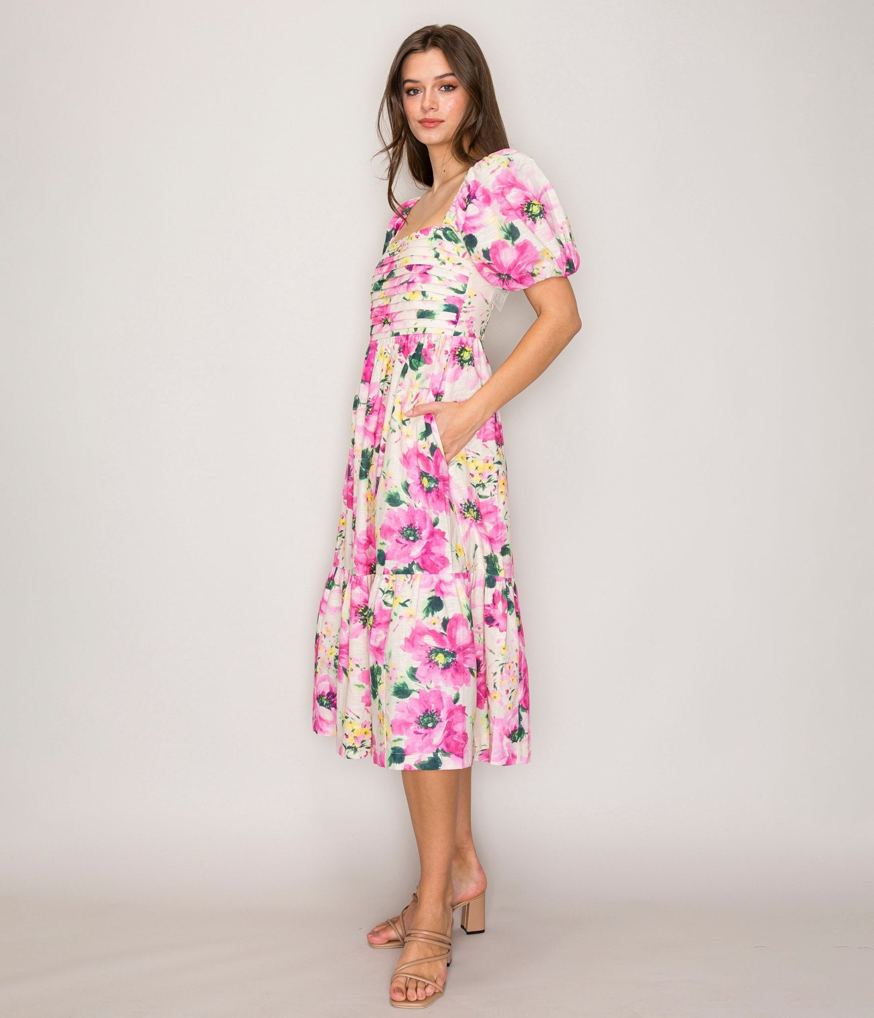 pink puff sleeve midi dress Fuchsia Floral Puff Sleeve Midi Dress – Unique Vintage