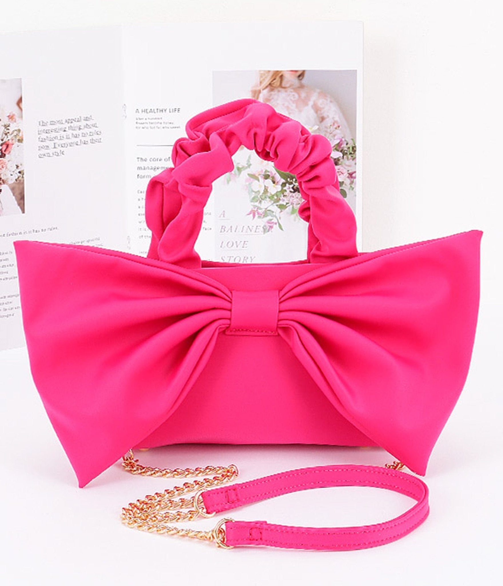 Fuchsia Nylon Bow Front Bag - Unique Vintage - Womens, ACCESSORIES, HANDBAGS