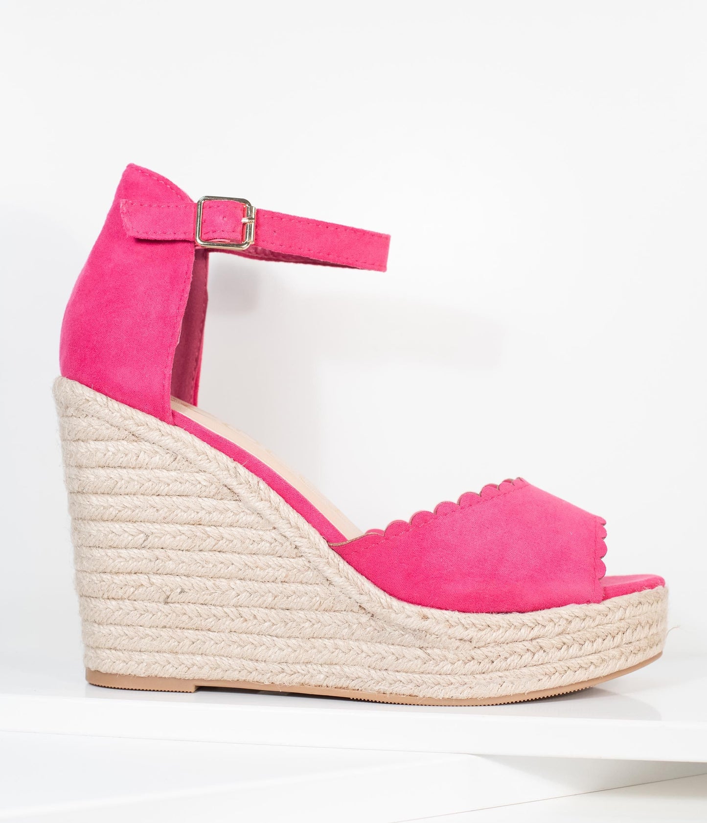 Fuchsia Suede Peep Toe Espadrille Wedges - Unique Vintage - Womens, SHOES, SANDALS