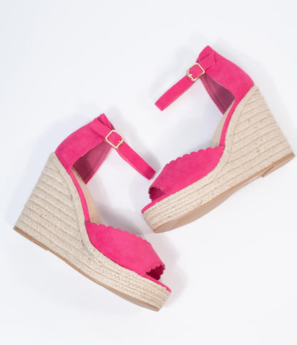 Fuchsia Suede Peep Toe Espadrille Wedges - Unique Vintage - Womens, SHOES, SANDALS