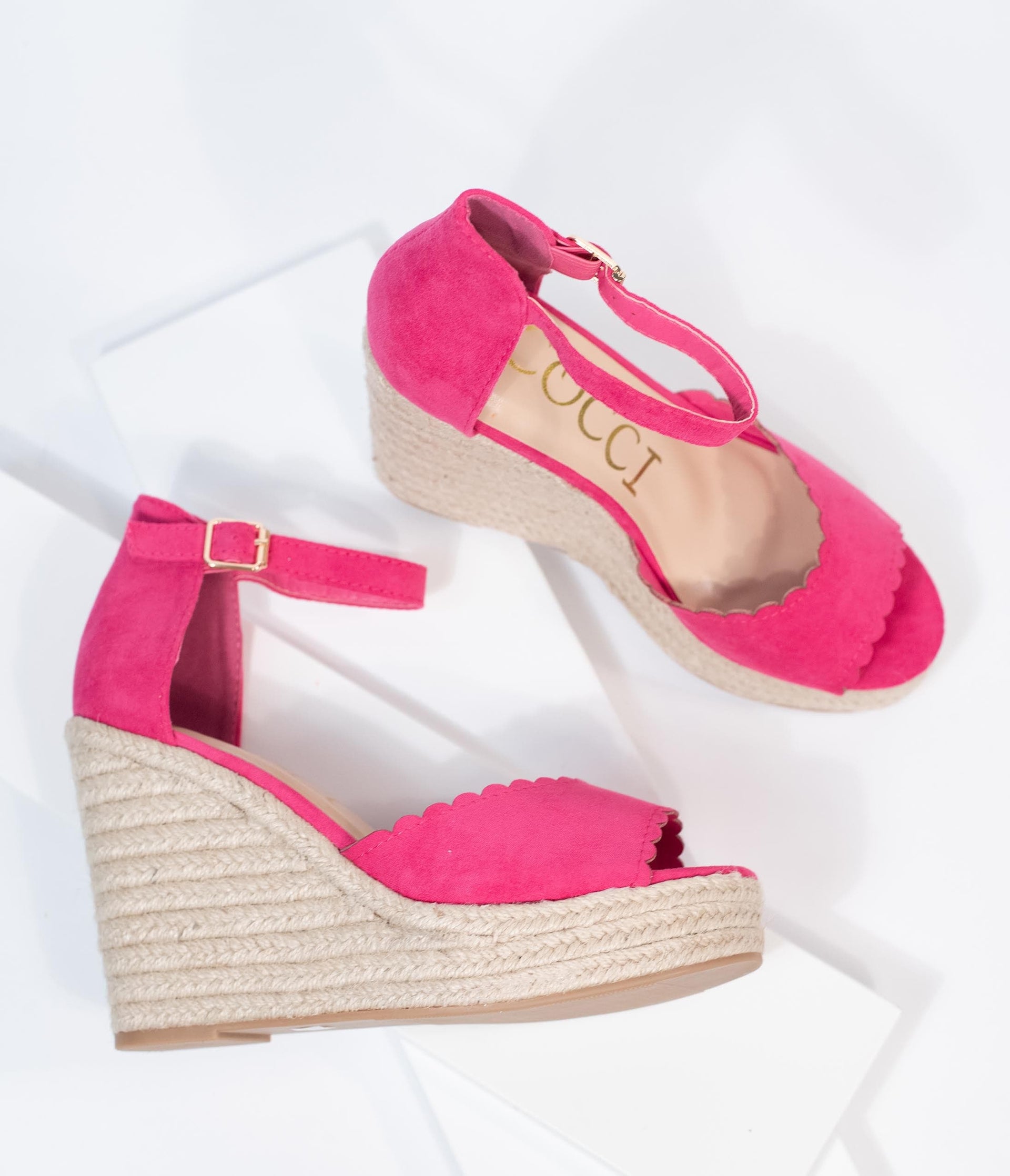 Fuchsia Suede Peep Toe Espadrille Wedges - Unique Vintage - Womens, SHOES, SANDALS