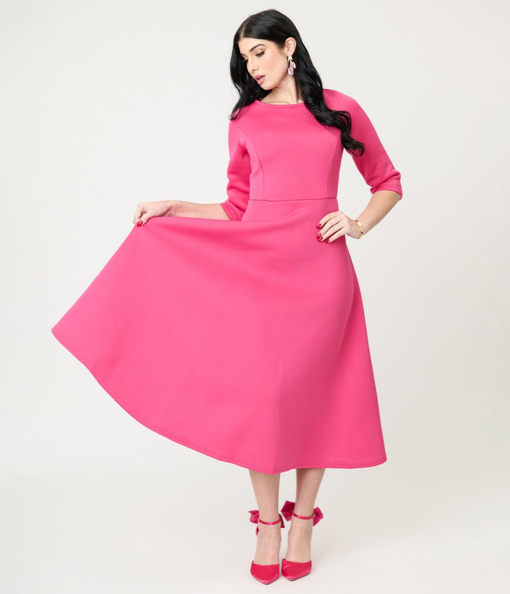 Fuchsia Three Quarter Length Sleeve Midi Dress - Unique Vintage - Womens, DRESSES, A - LINE