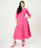 Fuchsia Three Quarter Length Sleeve Midi Dress - Unique Vintage - Womens, DRESSES, A - LINE