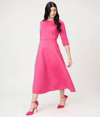 Fuchsia Three Quarter Length Sleeve Midi Dress - Unique Vintage - Womens, DRESSES, A - LINE