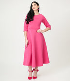 Fuchsia Three Quarter Length Sleeve Midi Dress - Unique Vintage - Womens, DRESSES, A - LINE