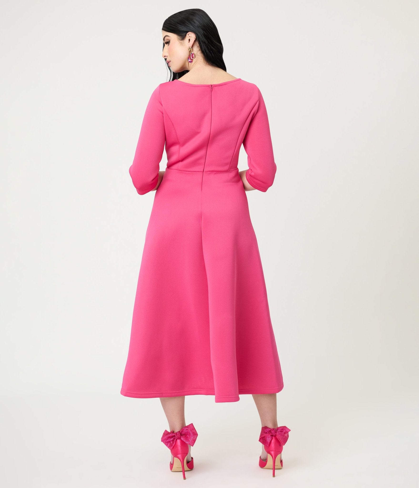 Fuchsia Three Quarter Length Sleeve Midi Dress – Unique Vintage Fuchsia Three Quarter Length Sleeve Midi Dress – Unique Vintage