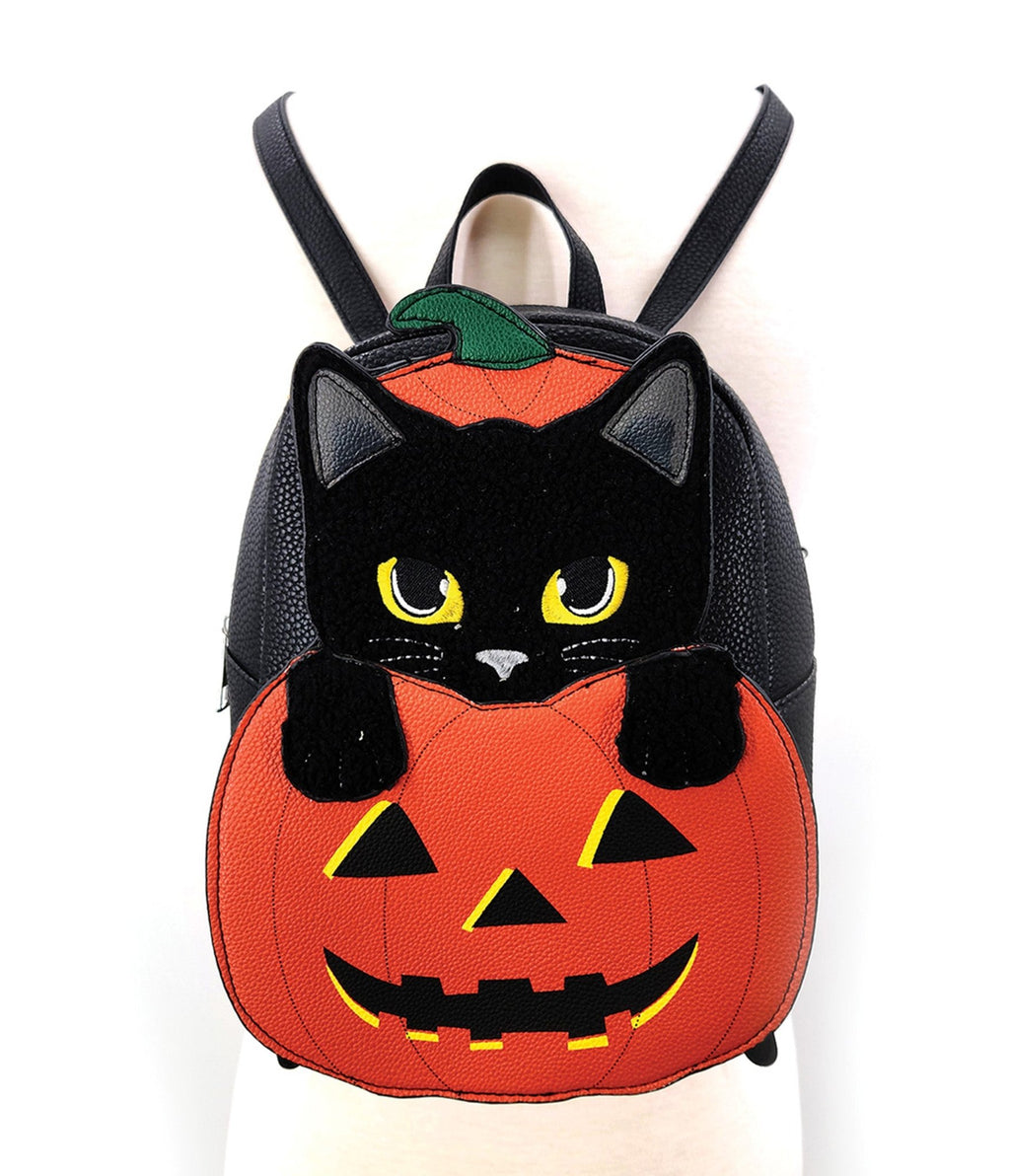 Furry Black Cat In A Pumpkin Mini Backpack - Unique Vintage - Womens, ACCESSORIES, HANDBAGS