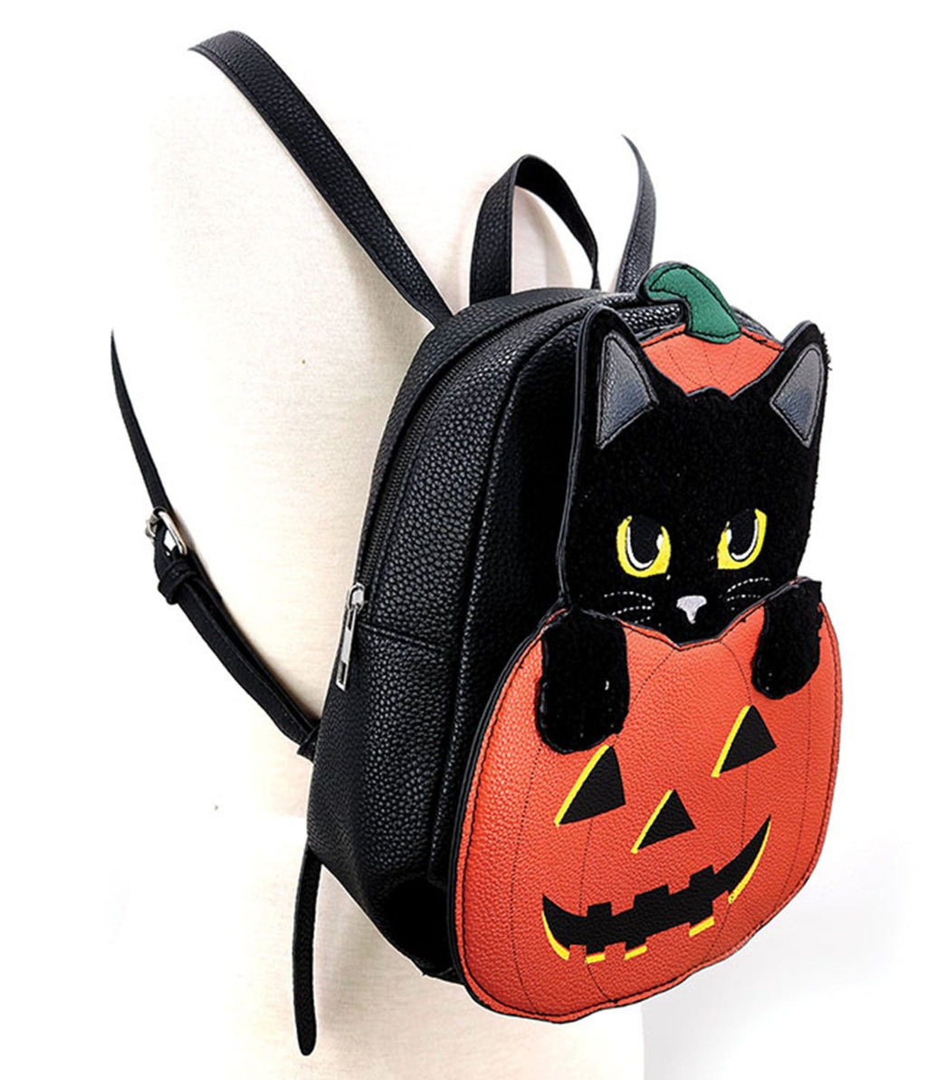 Furry Black Cat In A Pumpkin Mini Backpack - Unique Vintage - Womens, ACCESSORIES, HANDBAGS