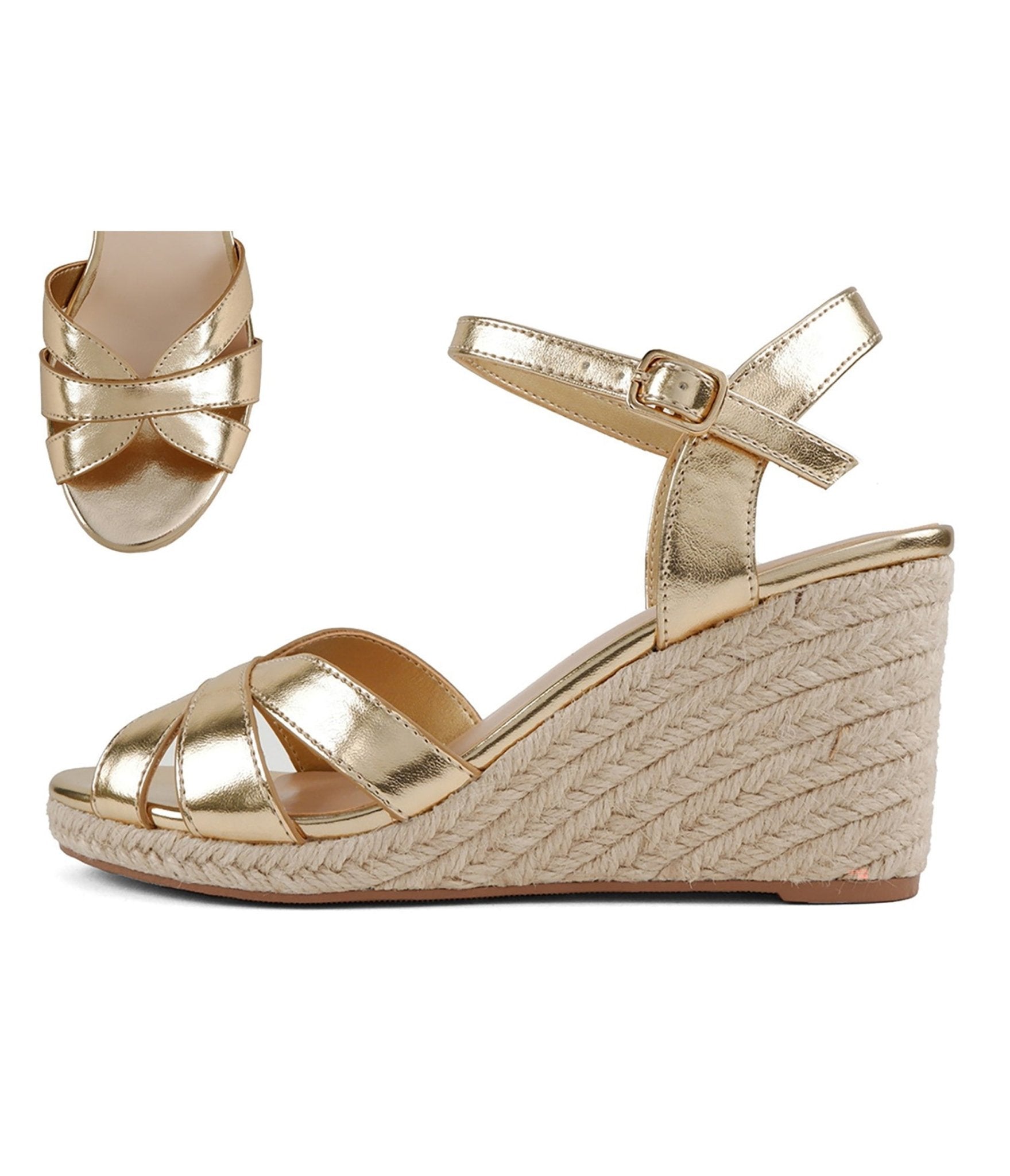 Gold Leatherette Espadrille Wedges - Unique Vintage - Womens, SHOES, HEELS