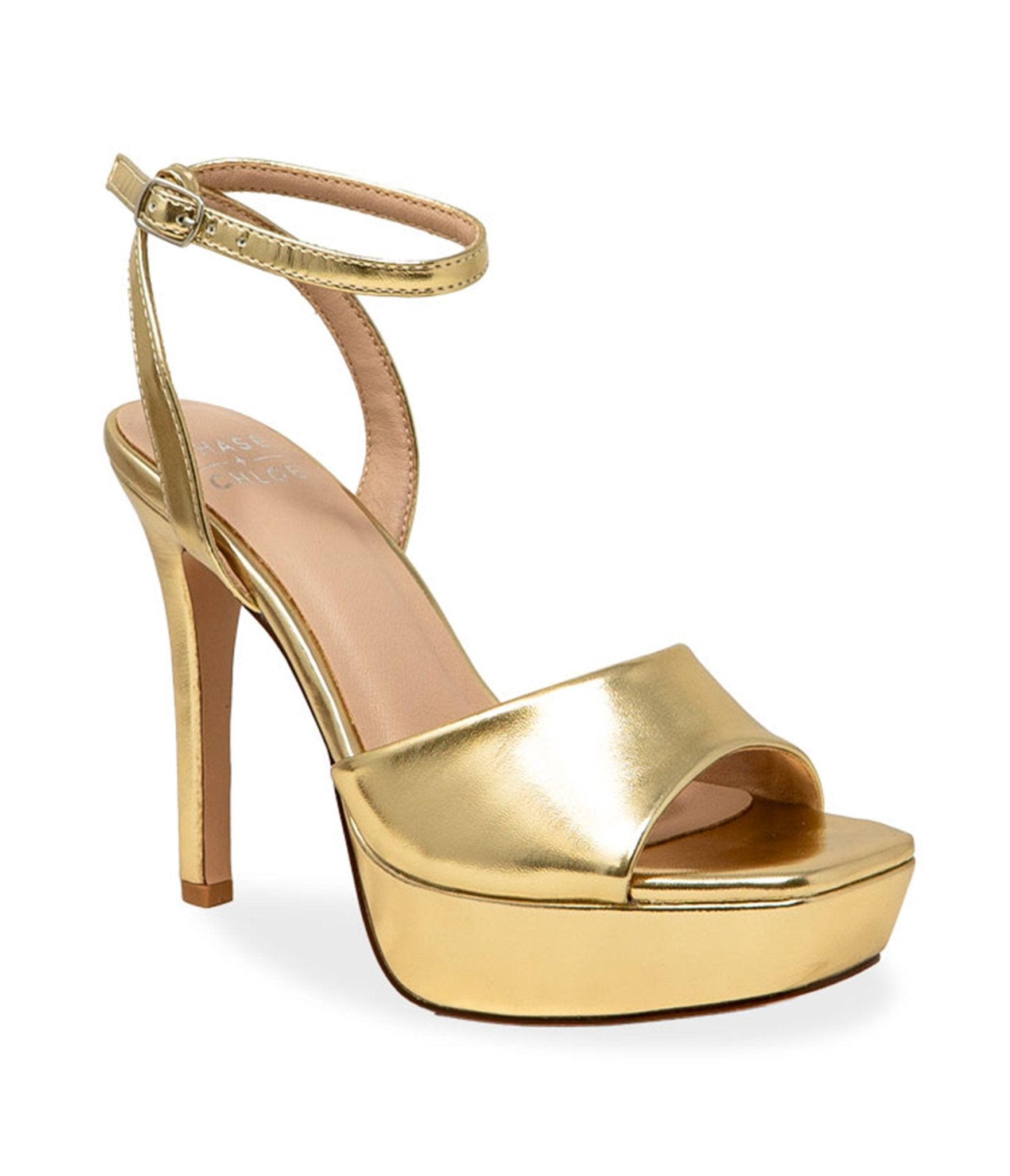 Gold Leatherette Platform Peep Toe Heels - Unique Vintage - Womens, SHOES, HEELS