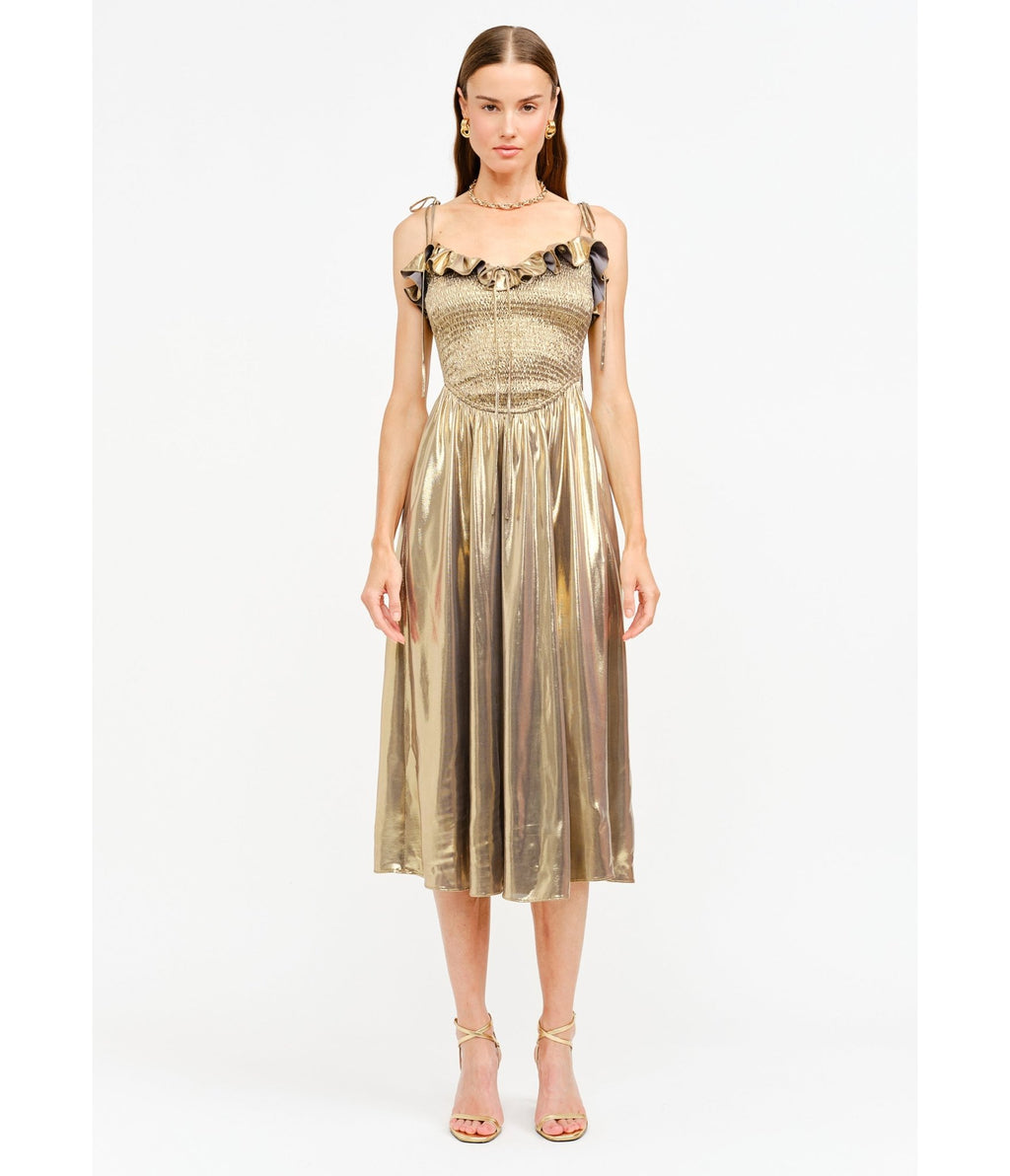 Gold Metallic Ruffle Cora Midi Dress - Unique Vintage - Womens, DRESSES, MIDI