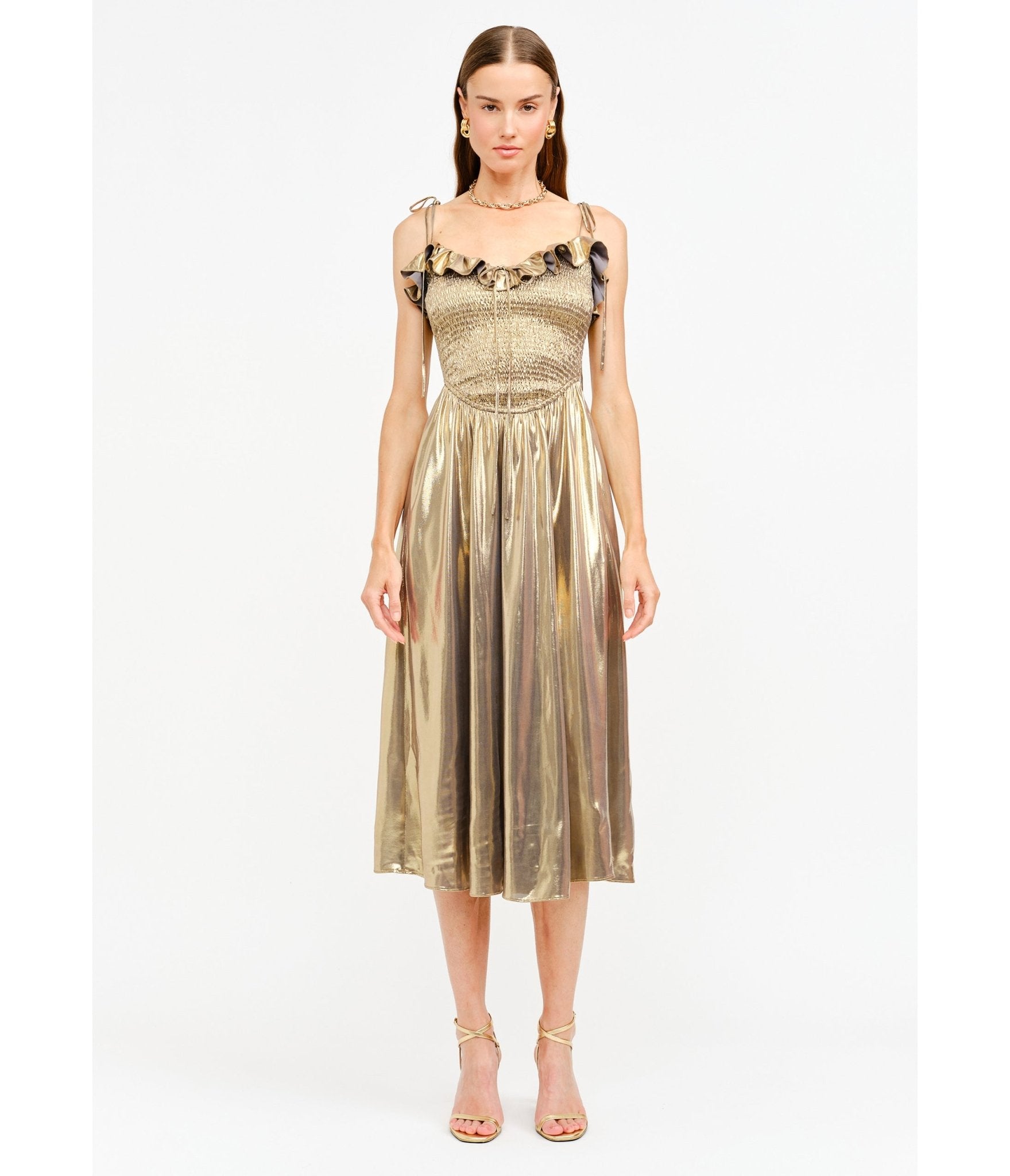 Gold Metallic Ruffle Cora Midi Dress - Unique Vintage - Womens, DRESSES, MIDI