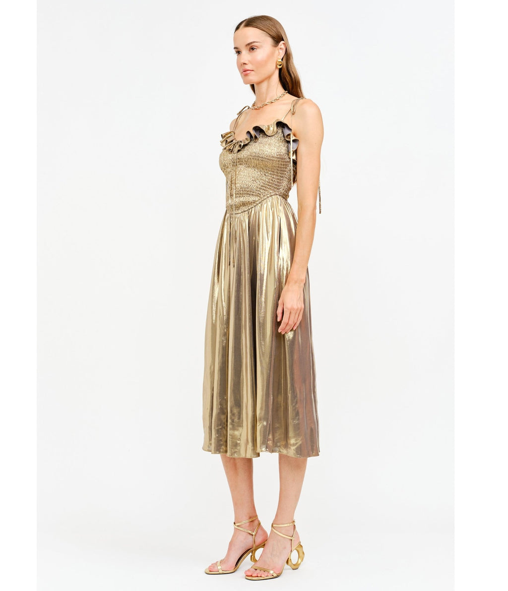Gold Metallic Ruffle Cora Midi Dress - Unique Vintage - Womens, DRESSES, MIDI
