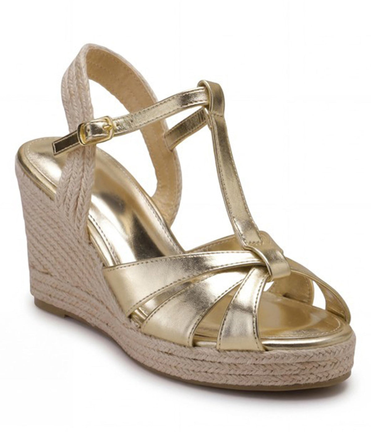 Gold Metallic T-Strap Espadrille Wedges - Unique Vintage -