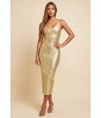 Gold Metallic Tone Bandage Midi Dress - Unique Vintage - Womens, DRESSES, MAXI