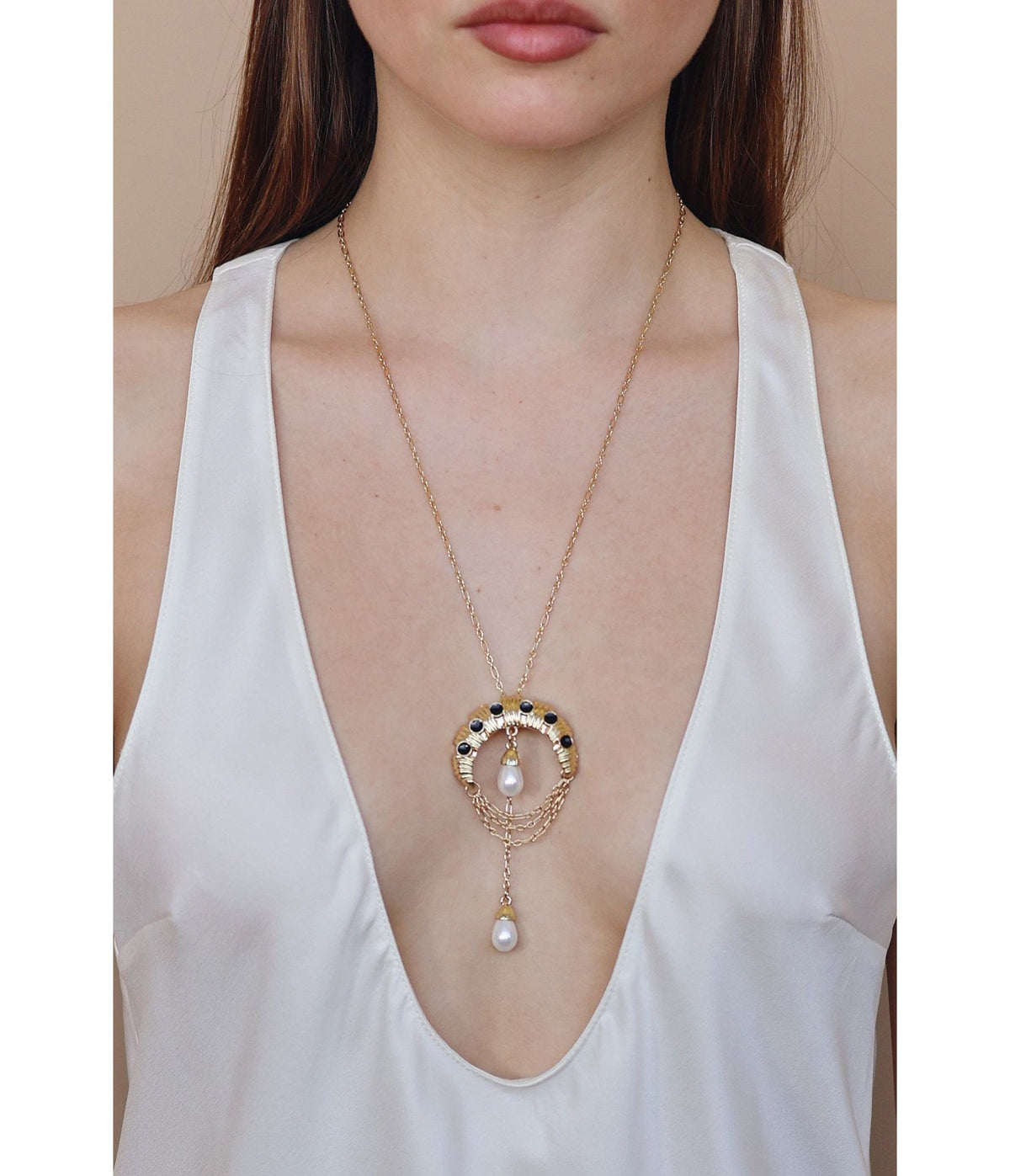 Gold Moon & Drop Faux Pearl Pendant Necklace - Unique Vintage - Womens, ACCESSORIES, JEWELRY
