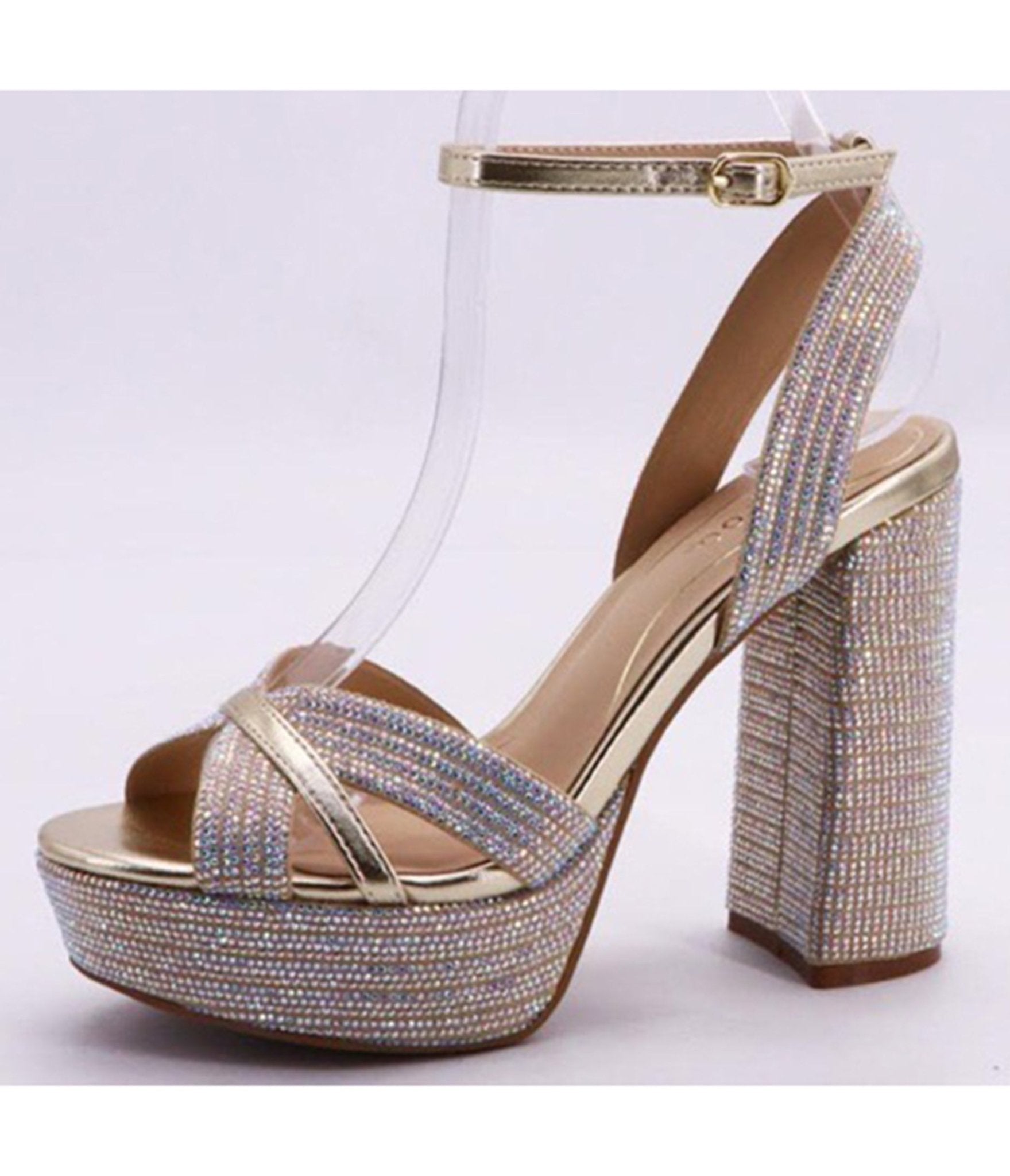 Gold Rhinestone Platform Block Heels - Unique Vintage - Womens, SHOES, HEELS