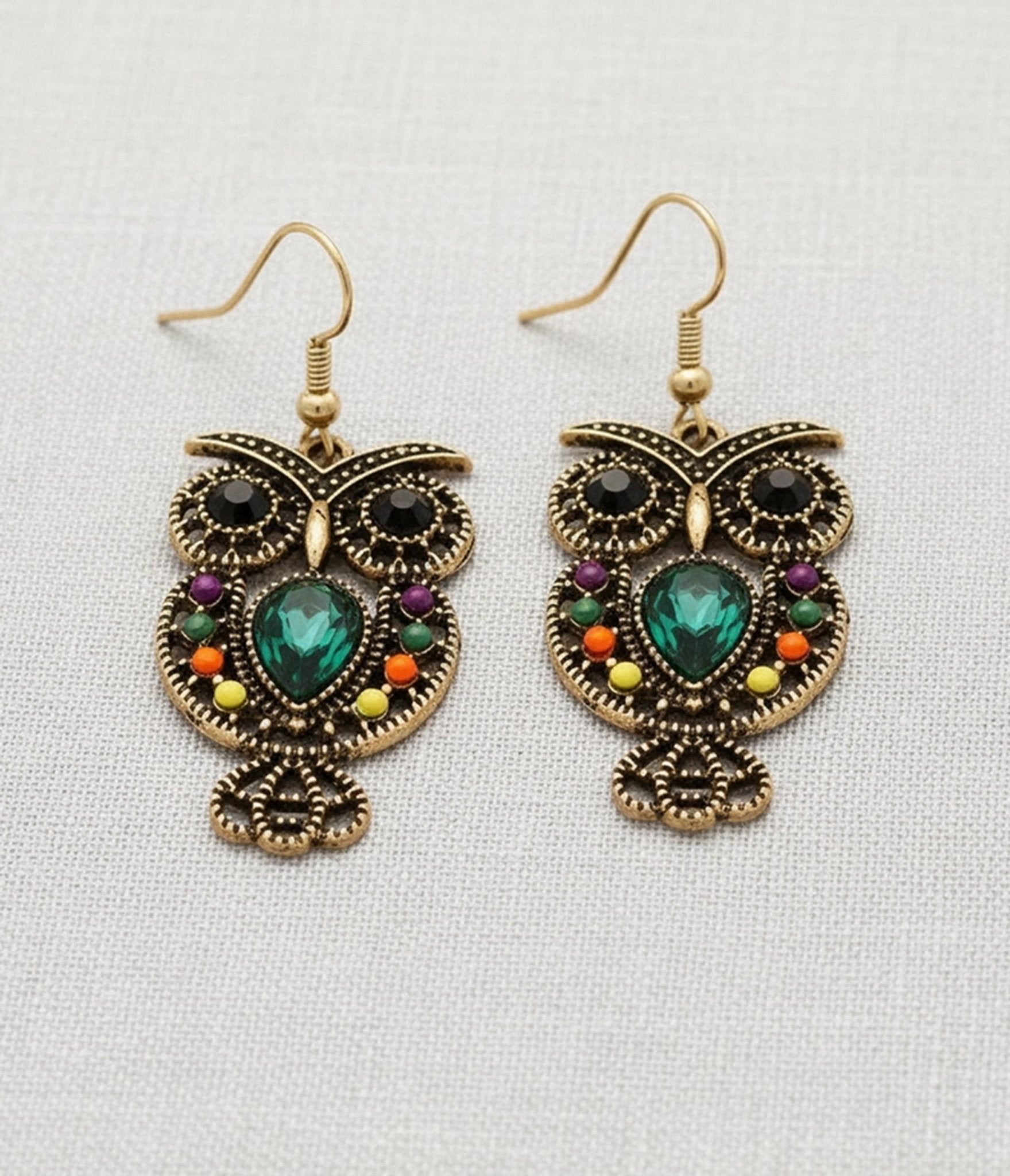 Gold Tone Bejeweled Owl Drop Earrings - Unique Vintage - Womens, ACCESSORIES, JEWELRY
