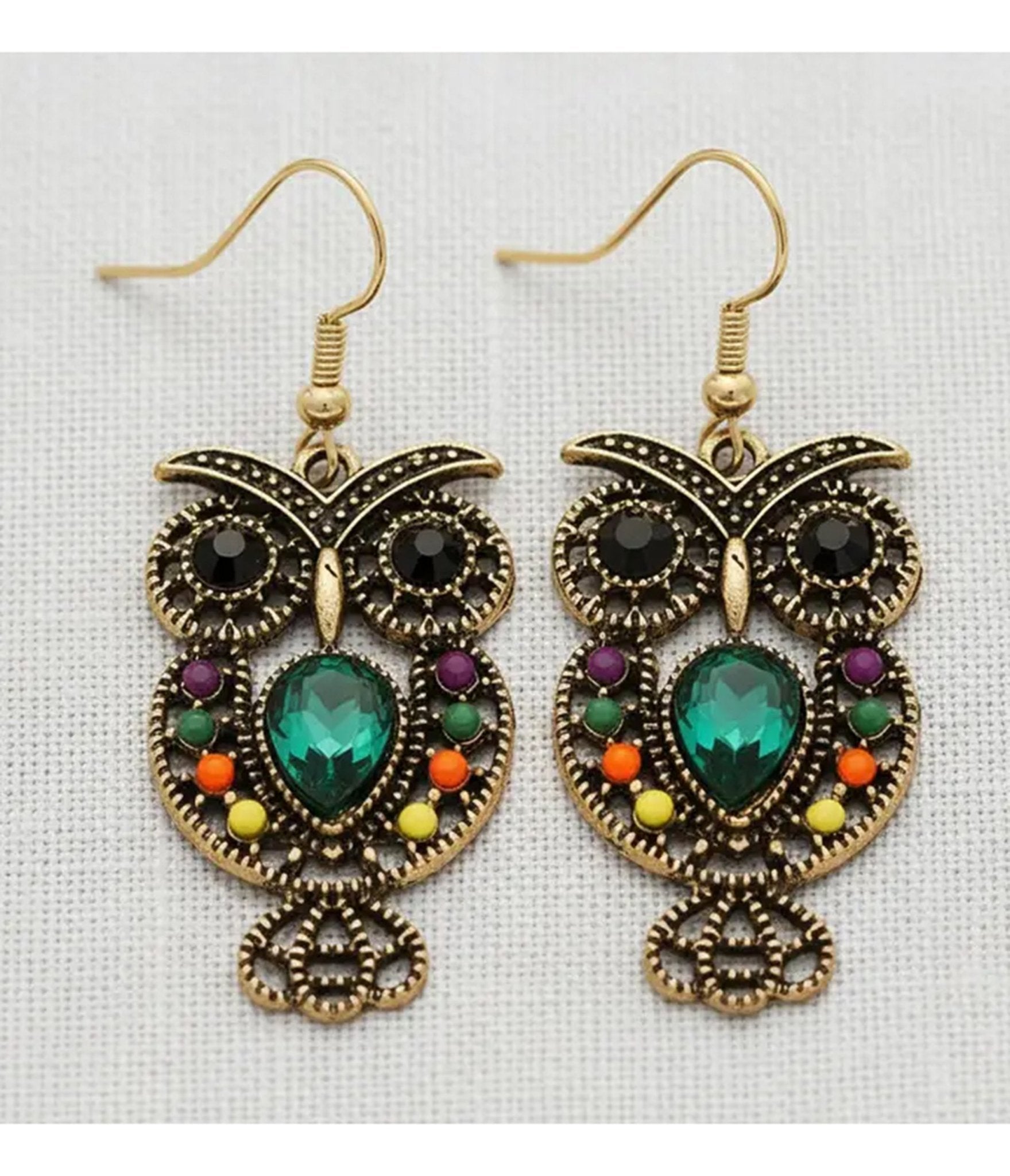 Gold Tone Bejeweled Owl Drop Earrings - Unique Vintage - Womens, ACCESSORIES, JEWELRY