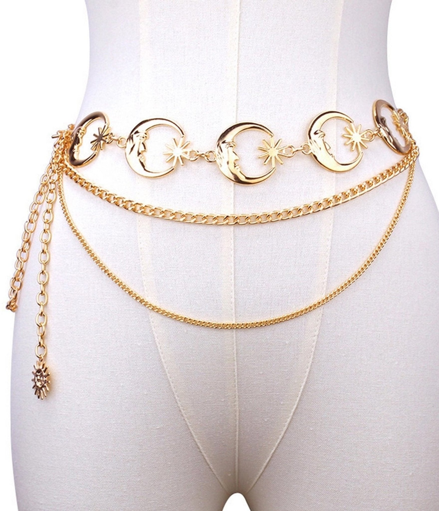 Gold Tone Celestial Moon & Star Layered Chain Belt - Unique Vintage - Womens, ACCESSORIES, SLIPS