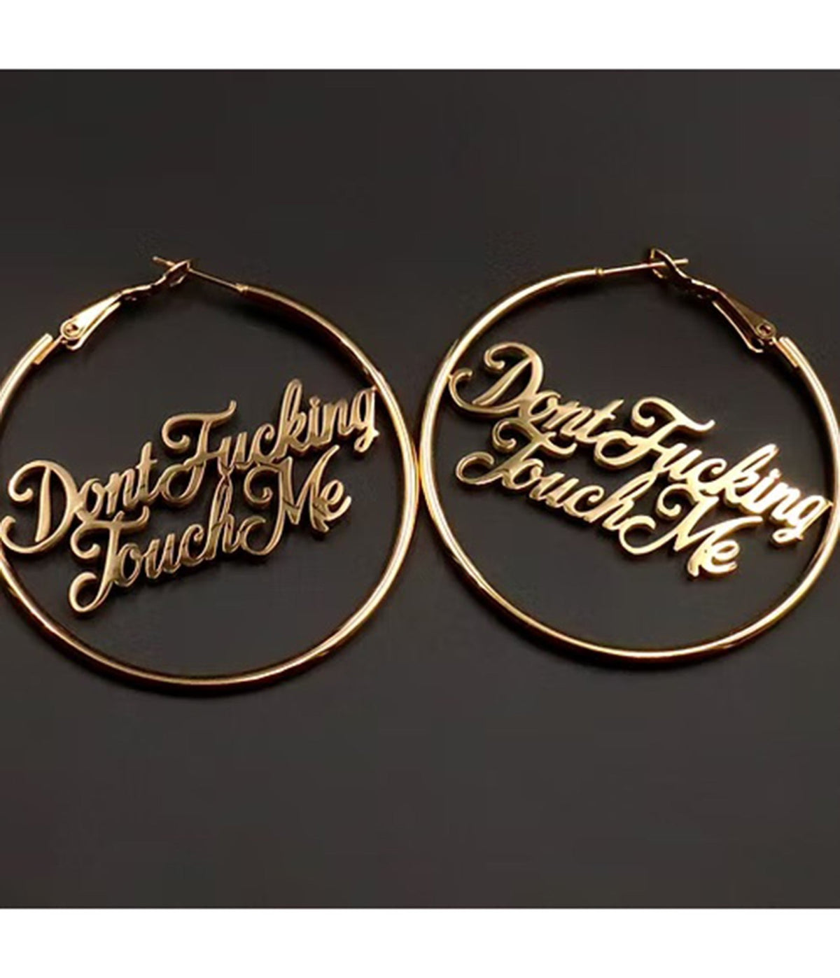 Gold Tone Dont Fucking Touch Me Hoop Earrings - Unique Vintage - Womens, ACCESSORIES, JEWELRY