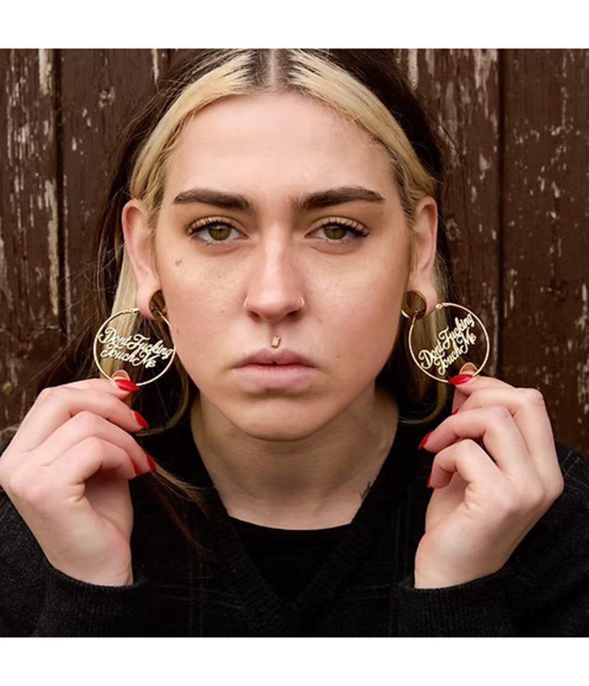 Gold Tone Dont Fucking Touch Me Hoop Earrings - Unique Vintage - Womens, ACCESSORIES, JEWELRY