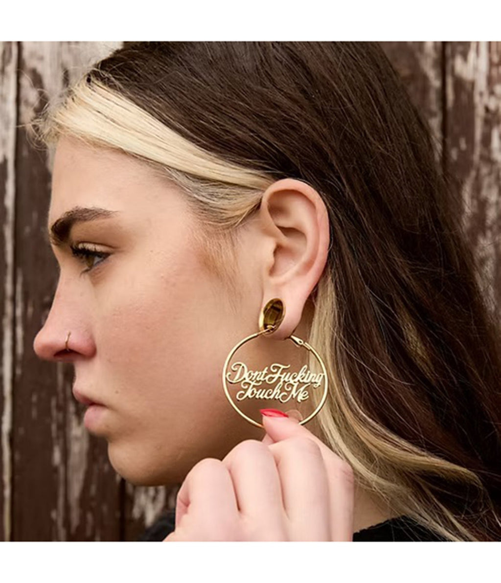 Gold Tone Dont Fucking Touch Me Hoop Earrings - Unique Vintage - Womens, ACCESSORIES, JEWELRY