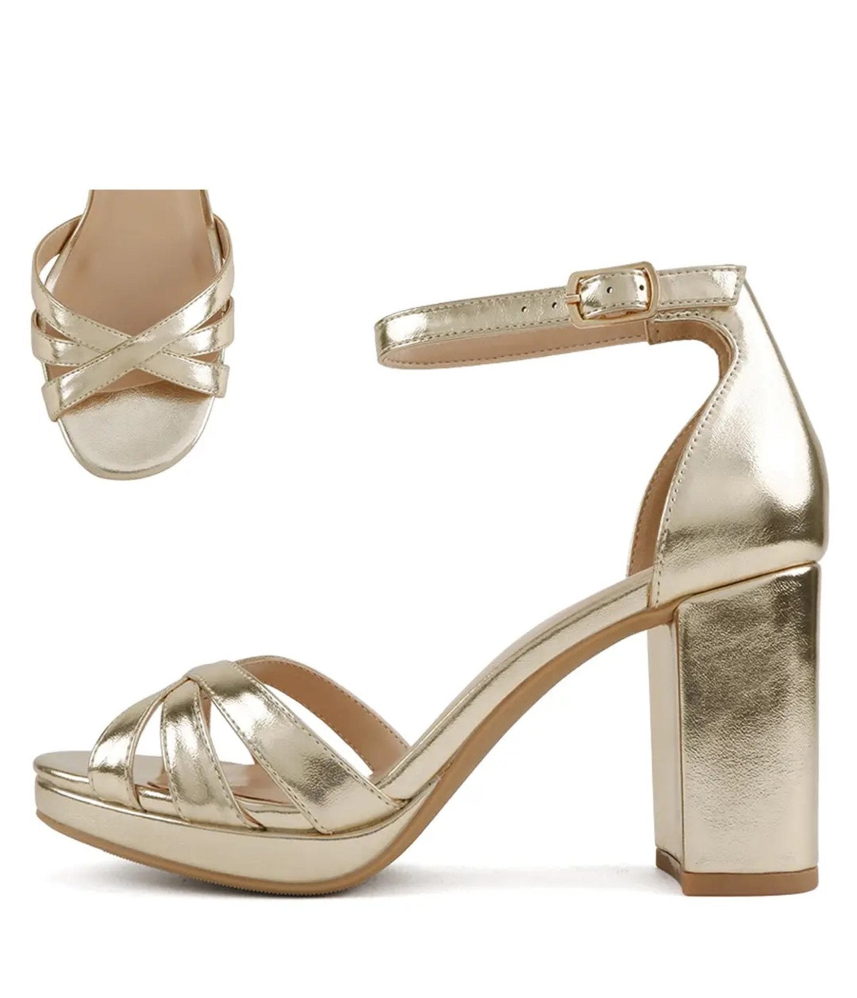 Gold Tone Leatherette Ankle Strap Tatia Heels - Unique Vintage - Womens, SHOES, HEELS