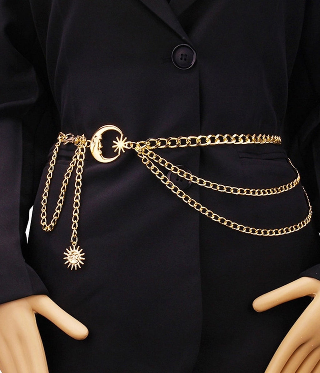 Gold Tone Moon Multi Layered Chain Belt - One Size