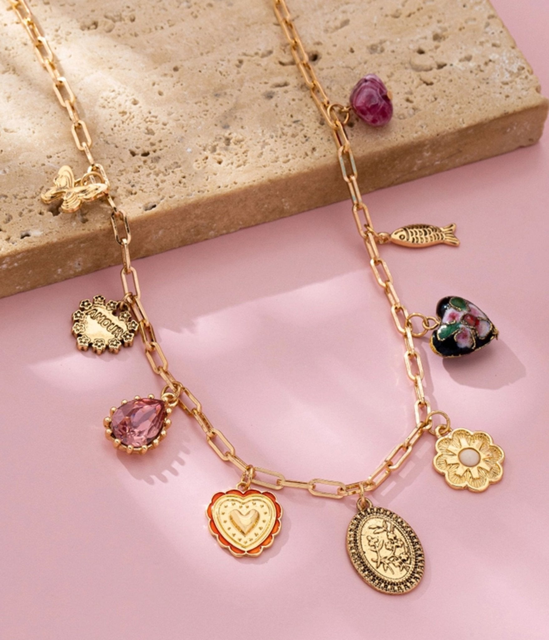 Gold Tone Multi Charm Necklace - Unique Vintage - Womens, ACCESSORIES, JEWELRY