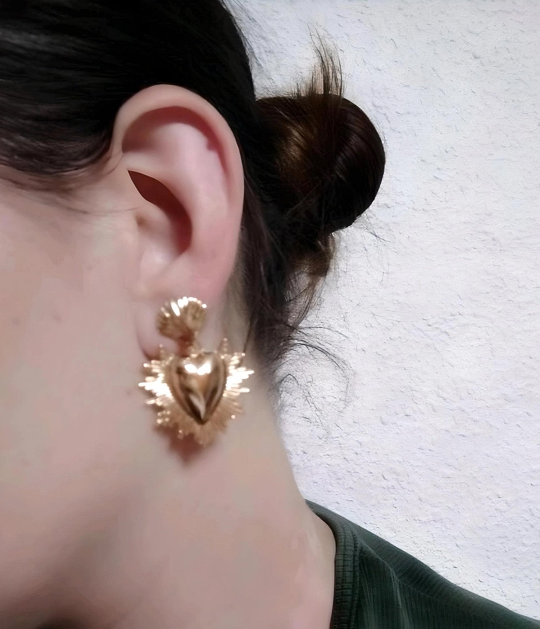 Gold Tone Sacred Heart Earrings - Unique Vintage - Womens, ACCESSORIES, JEWELRY