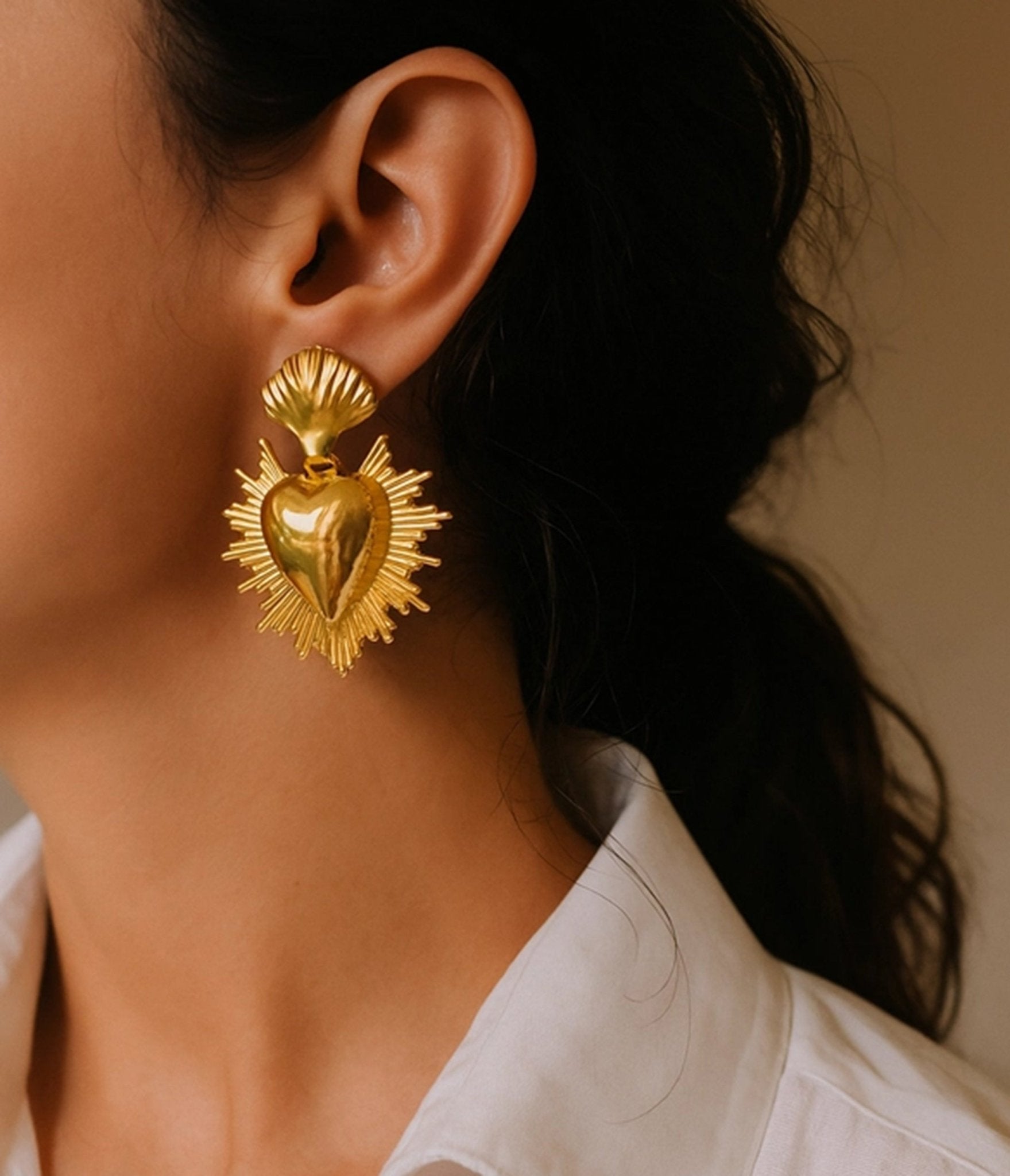Gold Tone Sacred Heart Earrings - Unique Vintage - Womens, ACCESSORIES, JEWELRY