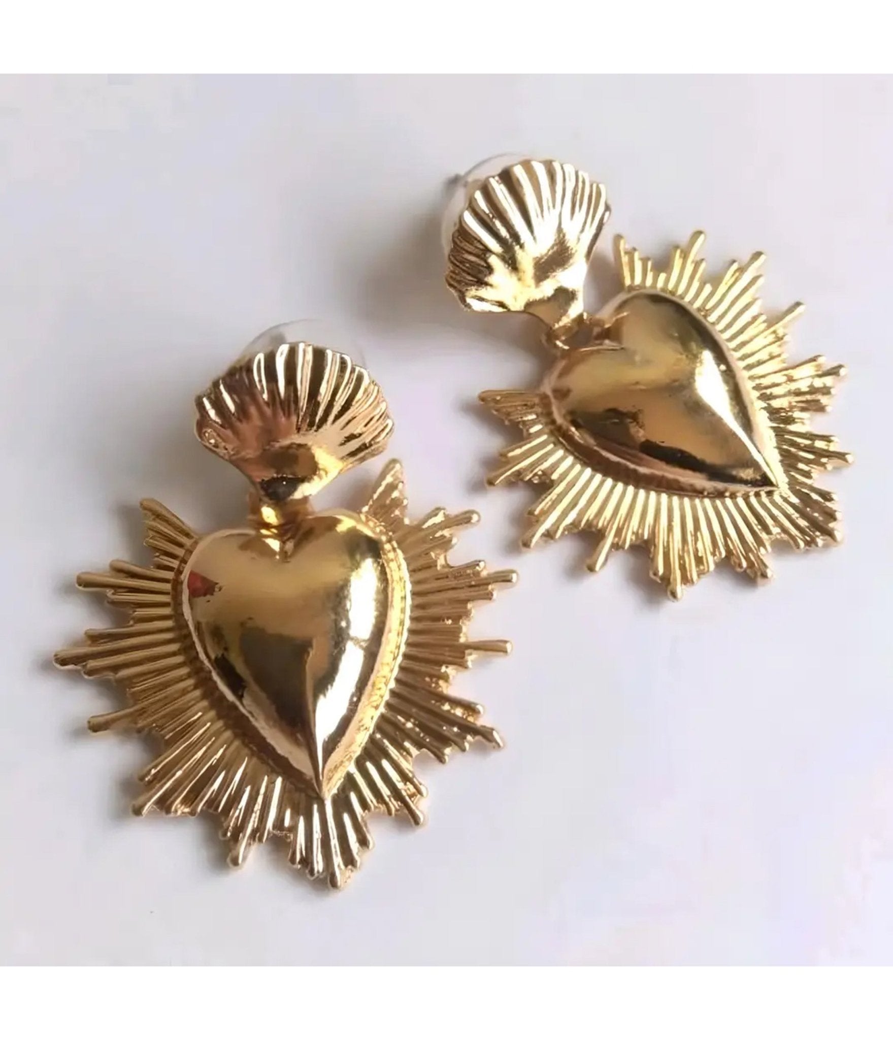 Gold Tone Sacred Heart Earrings - Unique Vintage - Womens, ACCESSORIES, JEWELRY