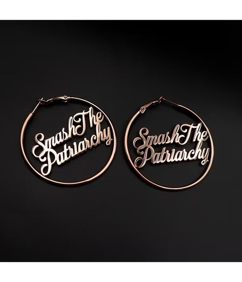 Gold Tone Smash The Patriarchy Hoop Earrings - Unique Vintage - Womens, ACCESSORIES, JEWELRY