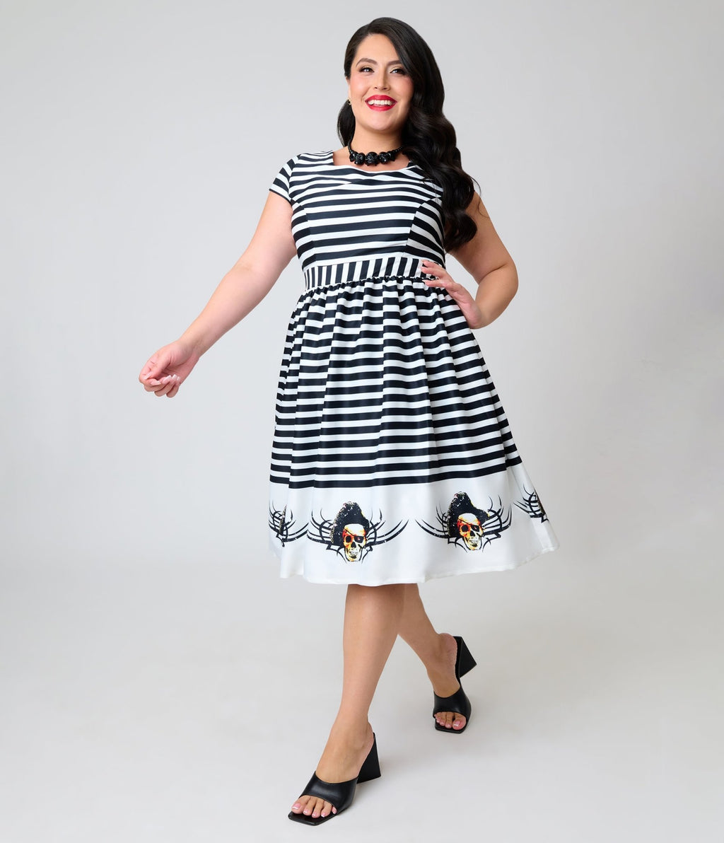 Goonies x Magnolia Place Plus Size Black & White Stripe Pirate Border Anna Swing Dress - Unique Vintage - Womens, DRESSES, SWING