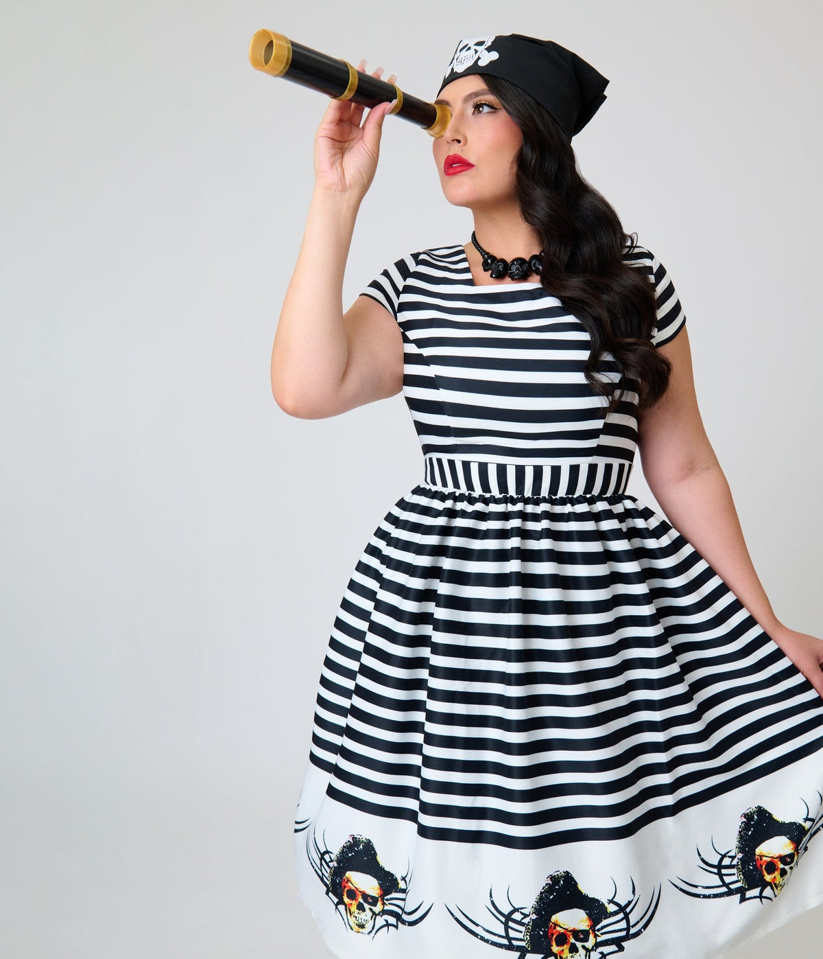 Goonies x Magnolia Place Plus Size Black & White Stripe Pirate Border Anna Swing Dress - Unique Vintage - Womens, DRESSES, SWING