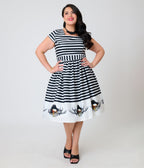 Goonies x Magnolia Place Plus Size Black & White Stripe Pirate Border Anna Swing Dress - Unique Vintage - Womens, DRESSES, SWING