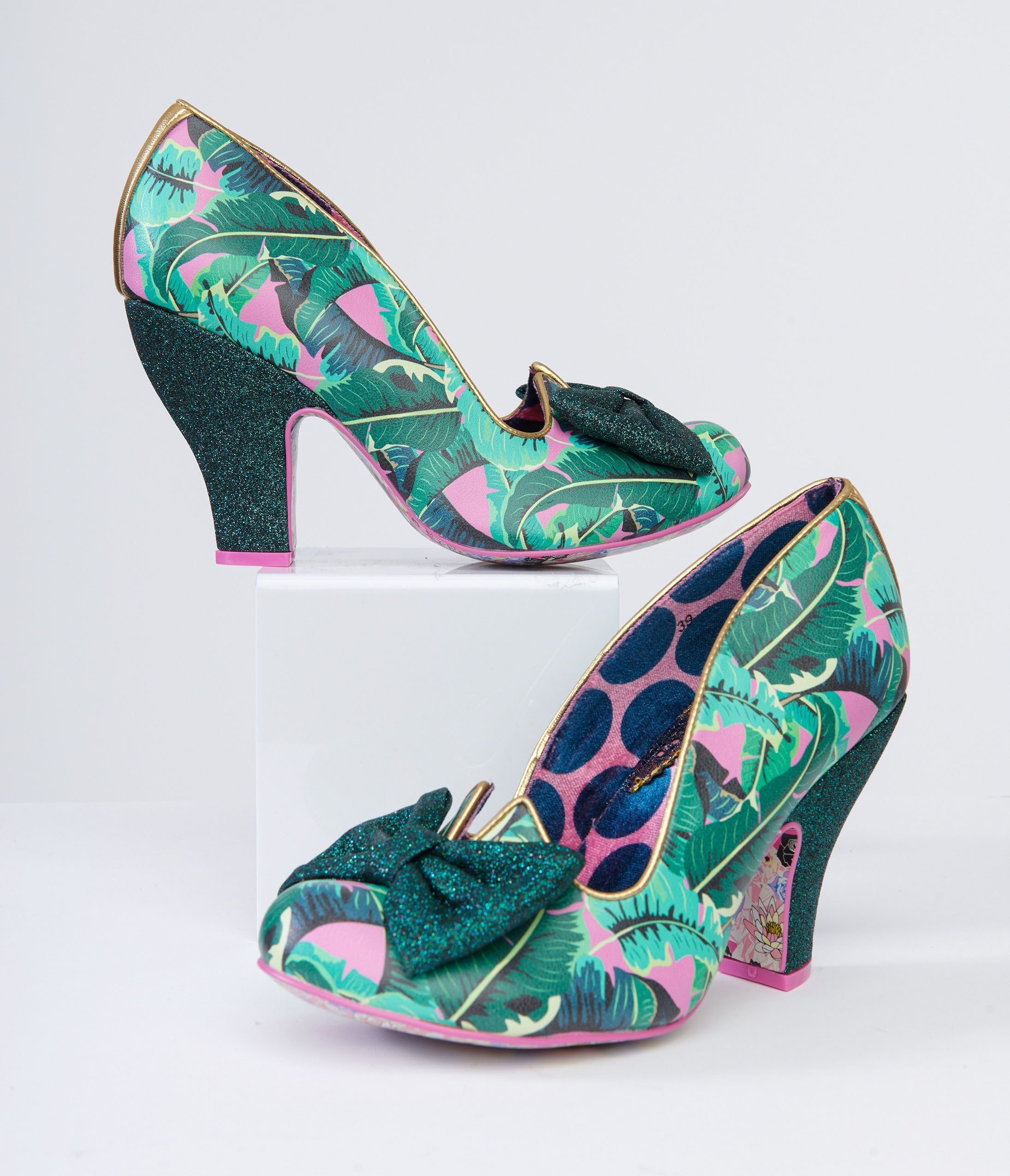Irregular Choice Green Banana Leaf Palm Print Heels Unique Vintage