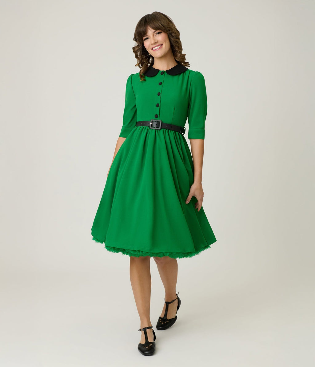 Green & Black Collared Swing Dress - Unique Vintage - Womens, DRESSES, FIT AND FLARE