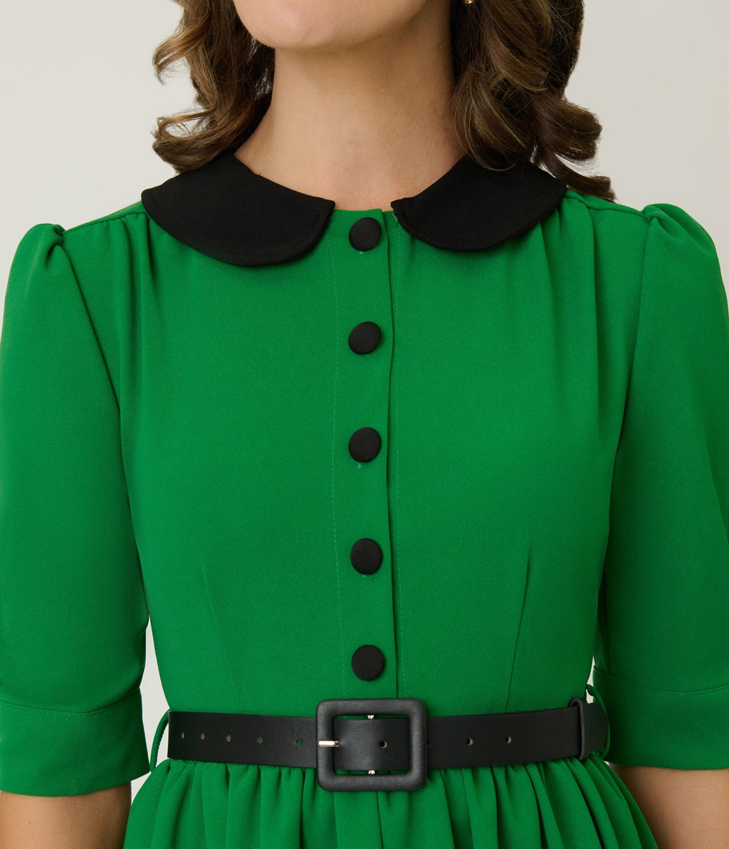 Green & Black Collared Swing Dress - Unique Vintage - Womens, DRESSES, FIT AND FLARE