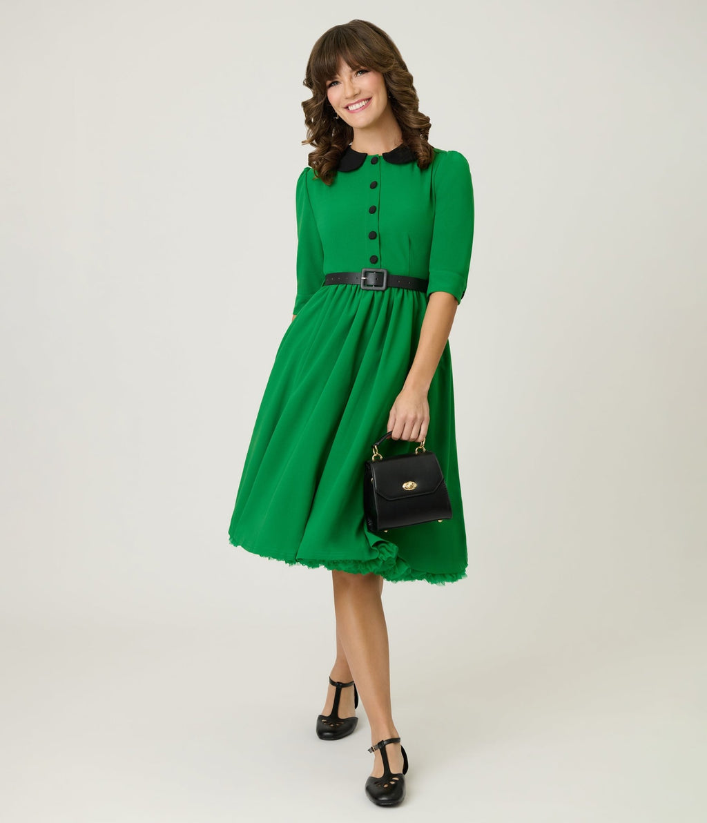 Green & Black Collared Swing Dress - Unique Vintage - Womens, DRESSES, FIT AND FLARE
