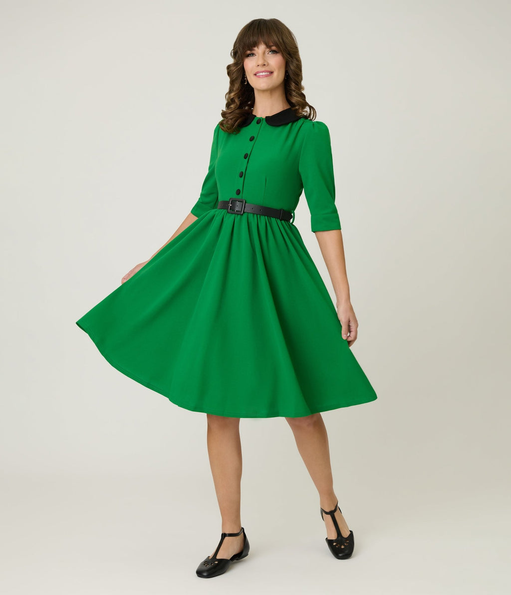 Green & Black Collared Swing Dress - Unique Vintage - Womens, DRESSES, FIT AND FLARE