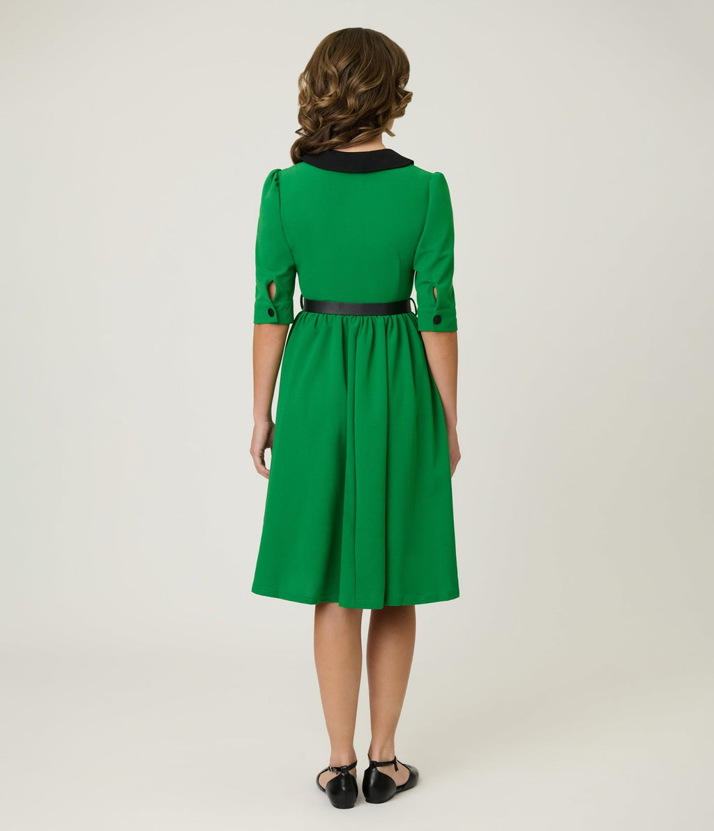 Green & Black Collared Swing Dress - Unique Vintage - Womens, DRESSES, FIT AND FLARE