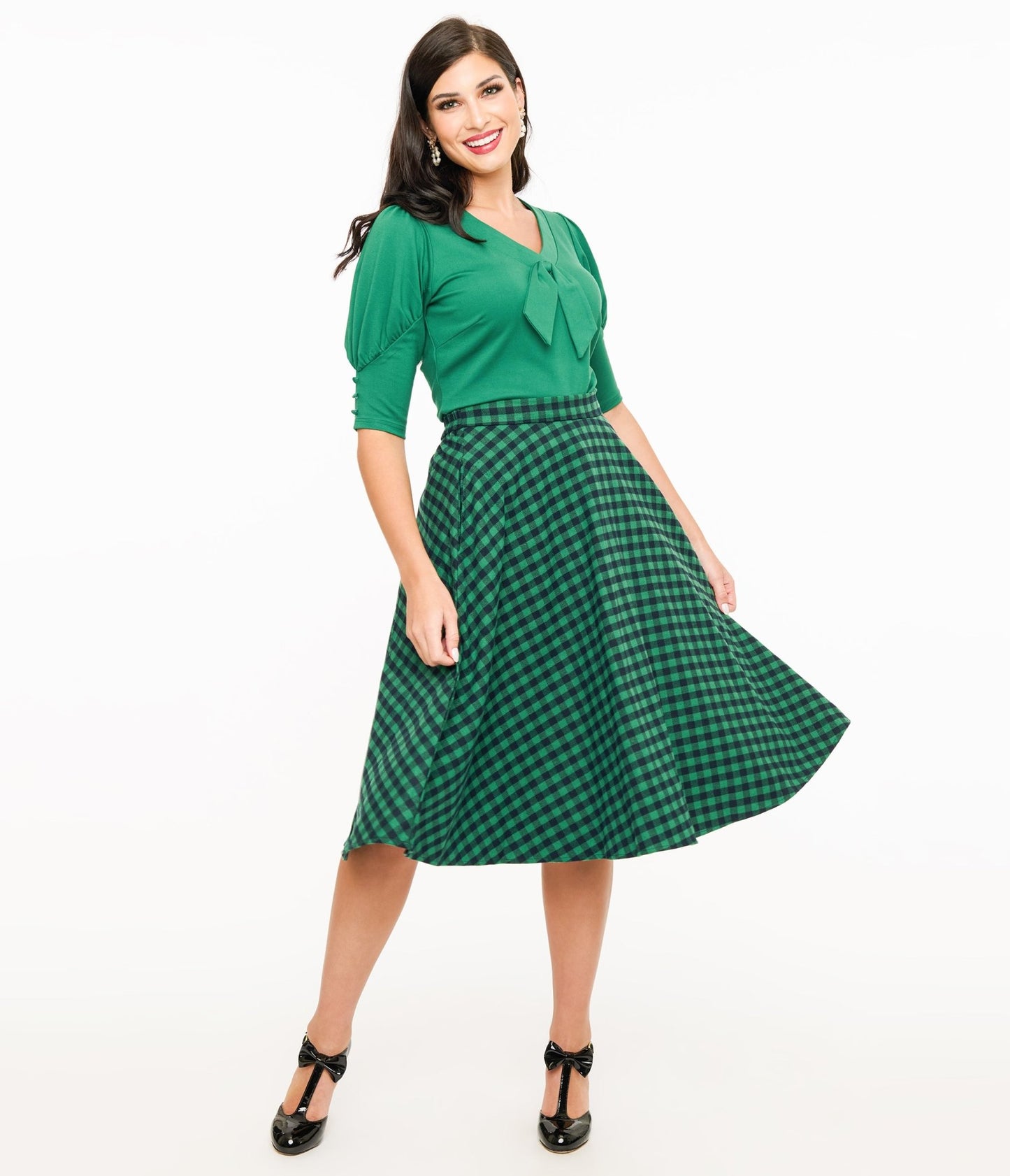 Green & Black Plaid Midi Skirt - Unique Vintage - Womens, BOTTOMS, SKIRTS