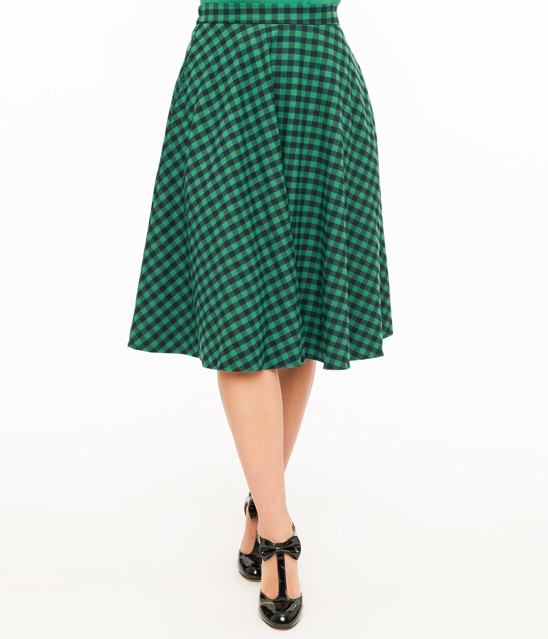 Green & Black Plaid Midi Skirt - Unique Vintage - Womens, BOTTOMS, SKIRTS