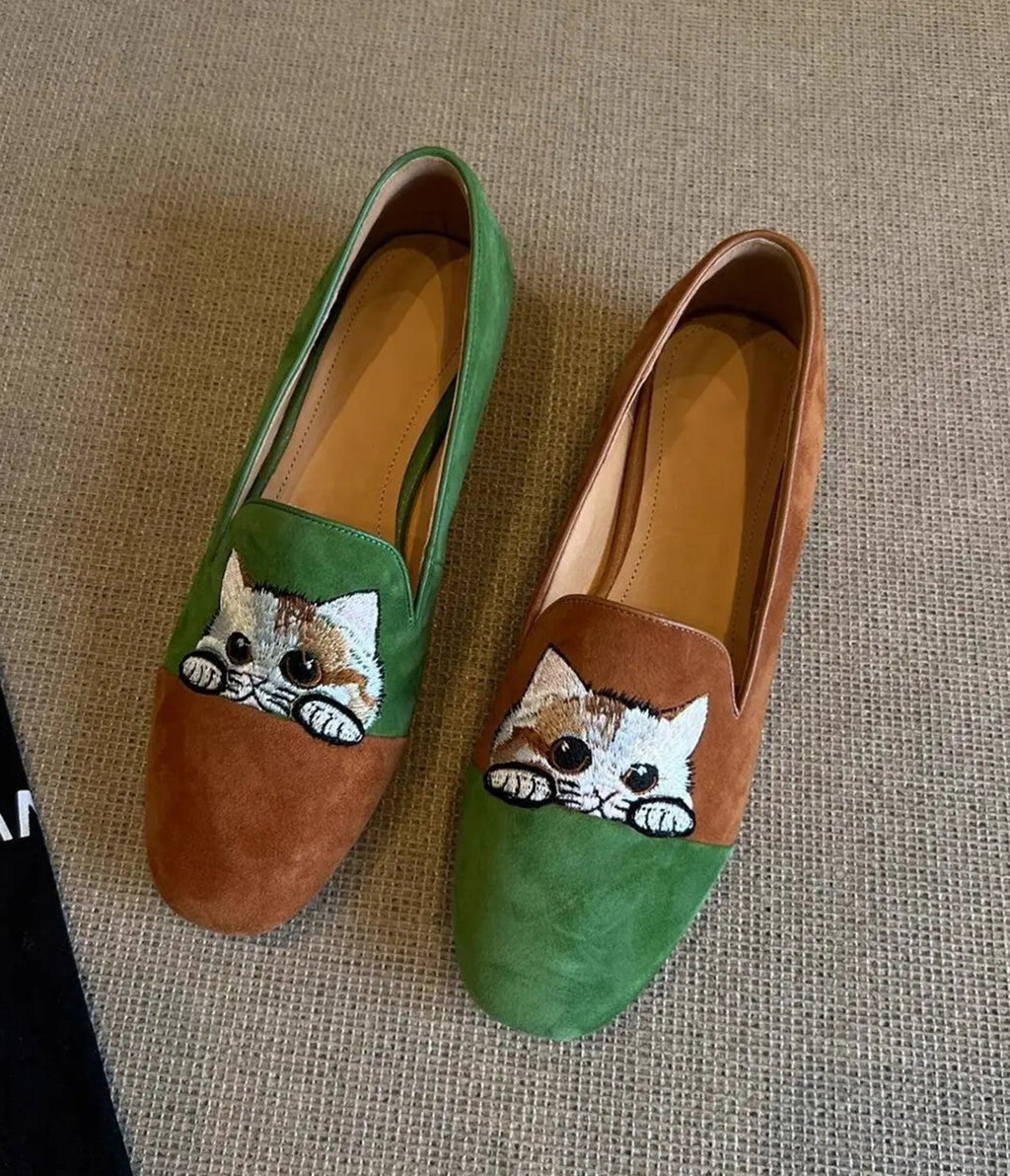 Green & Brown Leather Cat Embroidered Loafers - Unique Vintage - Womens, SHOES, LOAFERS