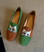 Green & Brown Leather Cat Embroidered Loafers - Unique Vintage - Womens, SHOES, LOAFERS