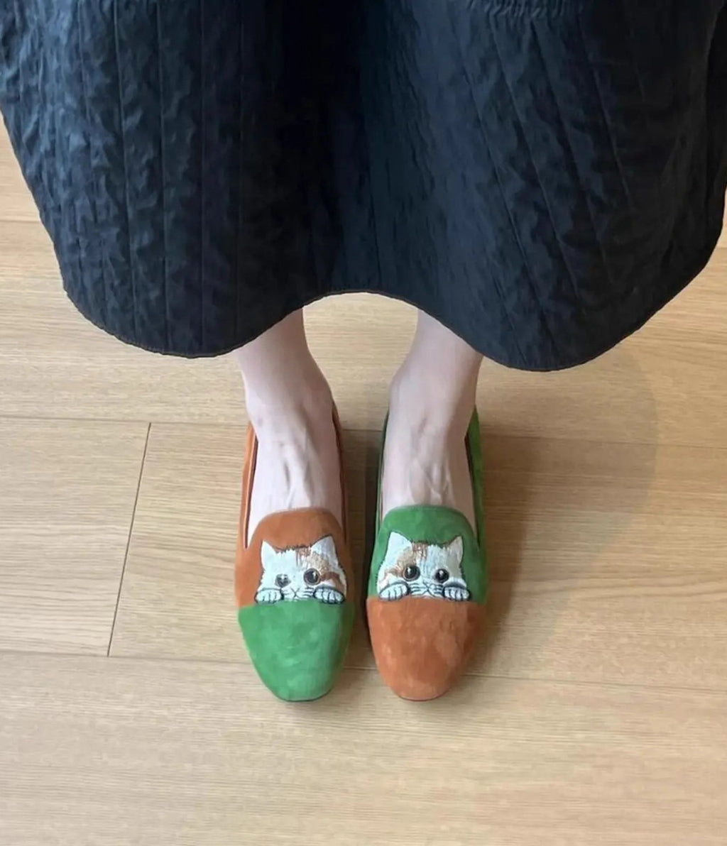 Green & Brown Leather Cat Embroidered Loafers - Unique Vintage - Womens, SHOES, LOAFERS